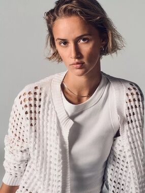 Calvin Klein Jeans Women's White Cotton Open-Stitch Cardigan Sweater Size Medium